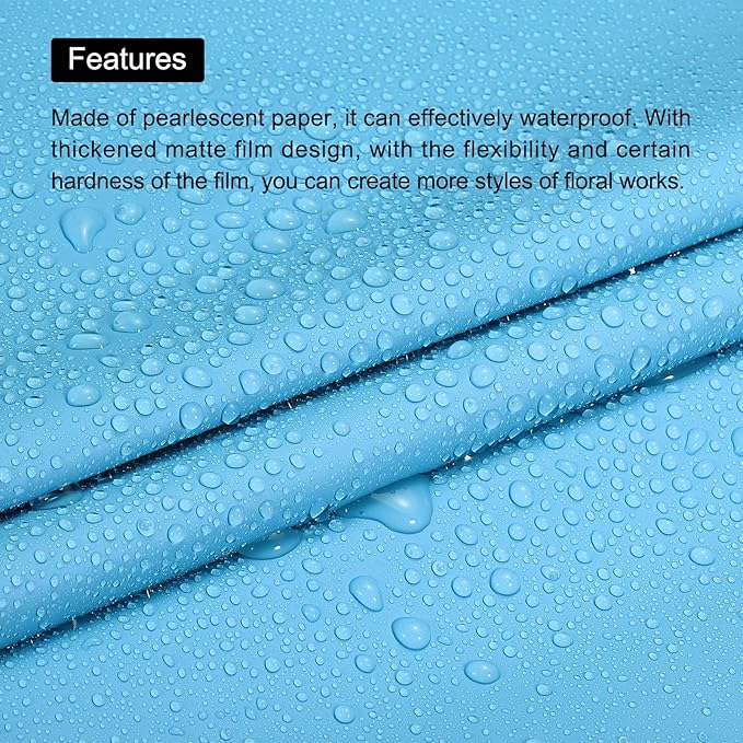 MECCANIXITY Pearlescent Film Flower Wrapping Paper 22.8x22.8 Inch Waterproof for DIY Crafts, Gift/Gift Box Packaging Lake Blue Pack of 10