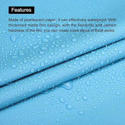 MECCANIXITY Pearlescent Film Flower Wrapping Paper 22.8x22.8 Inch Waterproof for DIY Crafts, Gift/Gift Box Packaging Lake Blue Pack of 20