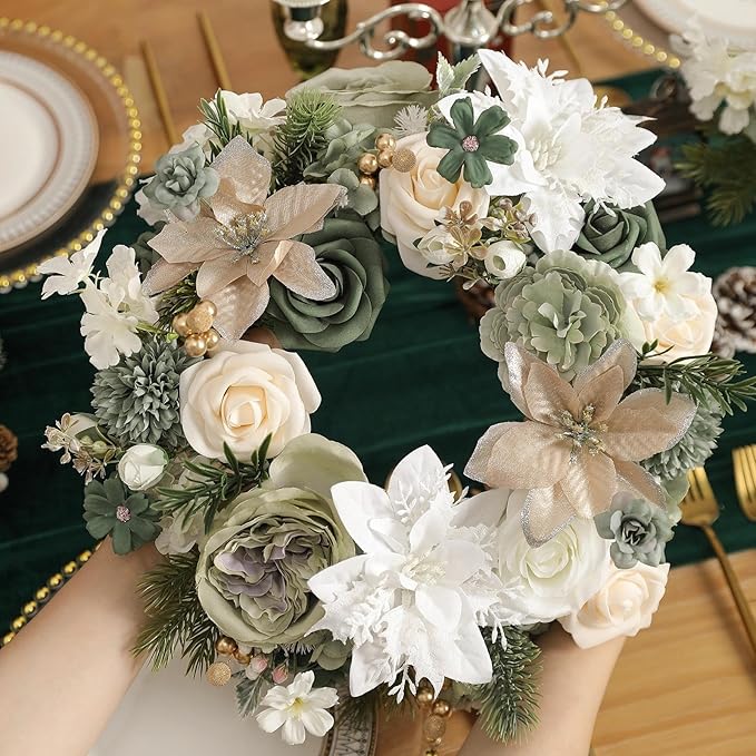 Christmas Artificial Flowers Set with White Poinsettia, Fake Roses and Greenery for DIY Christmas Decor - Wreath, Tree Ornaments, Wedding Bouquets, Centerpieces, Home Floral Arrangemen