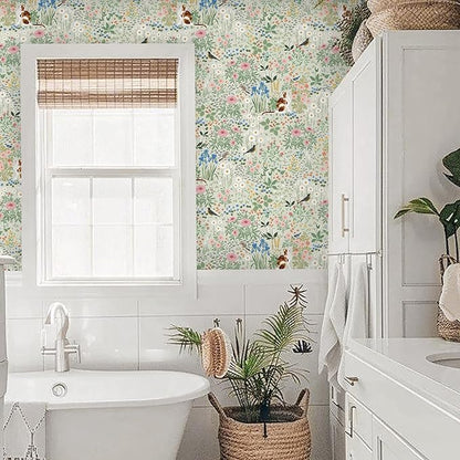 Heroad Floral Peel and Stick Wallpaper Light Green Wallpaper Boho French Country Contact Paper Cat Birds Removable Self-Adhesive Wall Paper for Bedroom Kitchen Cabinets Decoration Vinyl 17.3”x78.7”