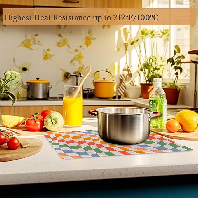 Groovy Retro Wavy Checkered Orange Placemats Set of 6 Place Mats for Kitchen Table Washable Farmhouse Linen Table Mats Dining Decoration 12x18 Inch