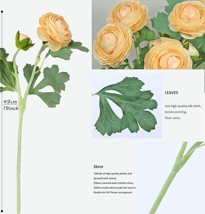Artificial Ranunculus Flowers with Real Touch Stem,Silk Ranunculus Flowers (Champagne, 6pcs)
