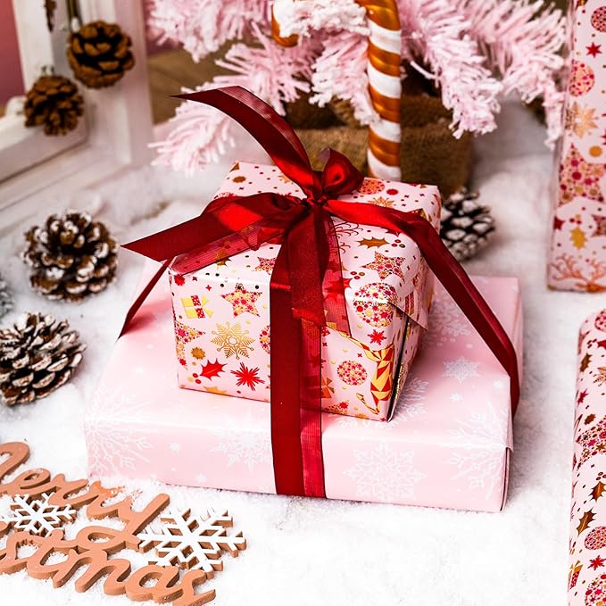 Yarcony Pink Christmas Gift Wrapping Paper, Reindeer Wrapping Paper, Elegant Vintage Pink and Gold Deer Girls Holiday Gift Wrap with Metallic Shine for Christmas Presents, Party (17Inch x 33Feet)
