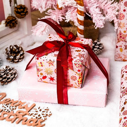 Yarcony Pink Christmas Gift Wrapping Paper, Reindeer Wrapping Paper, Elegant Vintage Pink and Gold Deer Girls Holiday Gift Wrap with Metallic Shine for Christmas Presents, Party (17Inch x 33Feet)