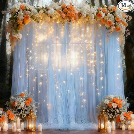 10×10ft Blue Tulle Backdrop Curtain with Lights String for Parties, Sheer Photo Curtain Backdrop Drapes for Wedding Party Photography Backgrounds