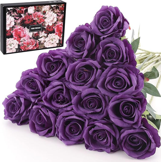 15Pcs Purple Roses Artificial Flowers Fake Roses Long Stem Velet Rose Silk Flowers for Home Wedding Decoration (Round Roses,Pure Purple)