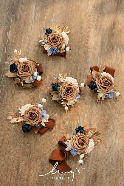 Ling's moment 6pcs Wedding Wrist Corsage Artificial Flowers, Girl/Mother Homecoming Prom Corsages Wristlet Décor, etc. Orange Navy