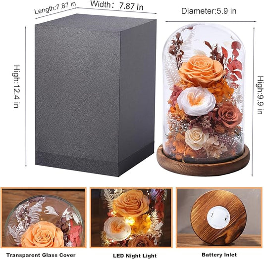 Flowers for Delivery Prime Preserved Flowers Rose in Glass Dome,Orange Rose Forever Flowers Birthday Gifts for Women Mom Grandma Friend Thanksgiving Gifts for Her,Home Decor