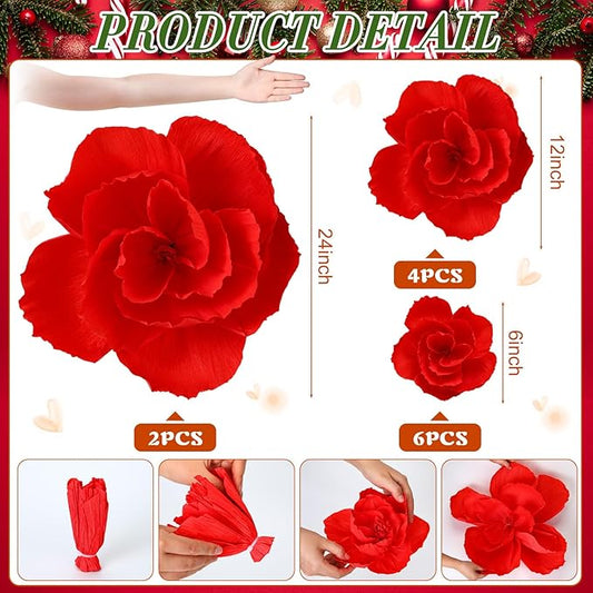 Giant Paper Flowers Artificial Large Paper Flower Decoration for Handcrafted Wall Backdrop Christmas Mexican Wedding Graduation Bridal Shower Birthday Party Supplies(Red,12 Pcs)