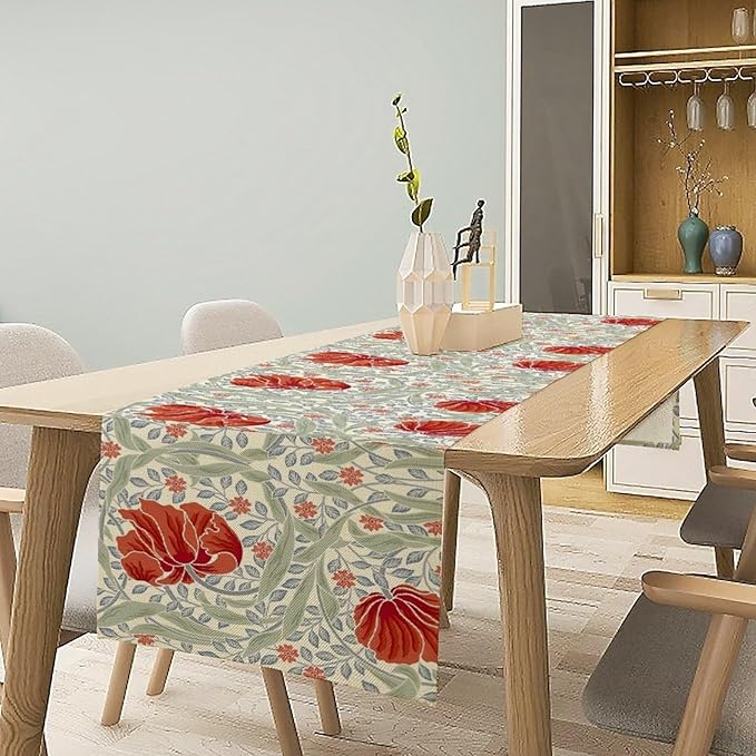 William Morris Table Runner, Retro Red Flowers Green Botanical Country Farmhouse Tabletop Decoration for Kitchen Dining Home Party 13x108 Inch