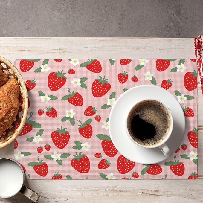 Fruit Linen Placemats Set of 4 Pink Strawberry Placemats for Indoor Outdoor Party Home Desktop Kitchen Dining Room Decor 12x18 Inch