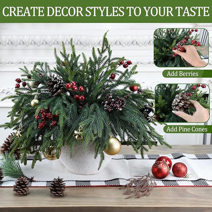 50 Pcs Pine Branches - Real Touch Artificial Pine Stems - Christmas Greenery Picks for DIY Wreaths Garlands Vase Arrangements, Indoor Outdoor Christmas Decor