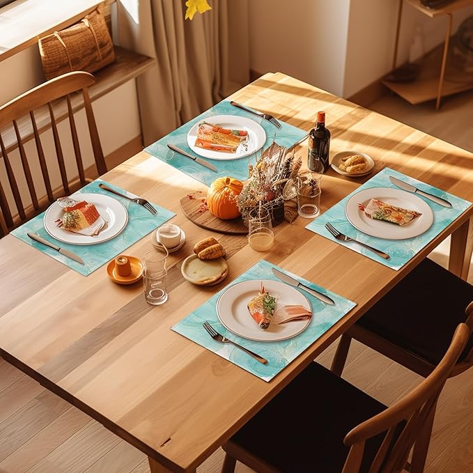 Placemats-Pastel Cyan Flowing Gold Marble Linen Table Place Mats Set of 4 Non-Slip Heat Resistant Table Mats for Dining Kitchen Cabin Decor 12x18 Inch