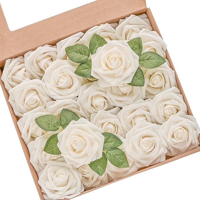 Artificial Flowers, 50pcs Artificial Rose for DIY Wedding Bouquets Centerpieces Arrangements, Champagne Foam Rose with Stem for Bridal Shower Party Home Decorations