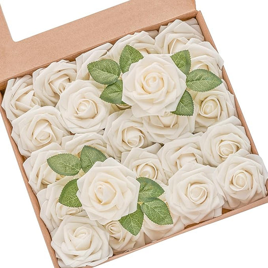 Artificial Flowers, 50pcs Artificial Rose for DIY Wedding Bouquets Centerpieces Arrangements, Champagne Foam Rose with Stem for Bridal Shower Party Home Decorations