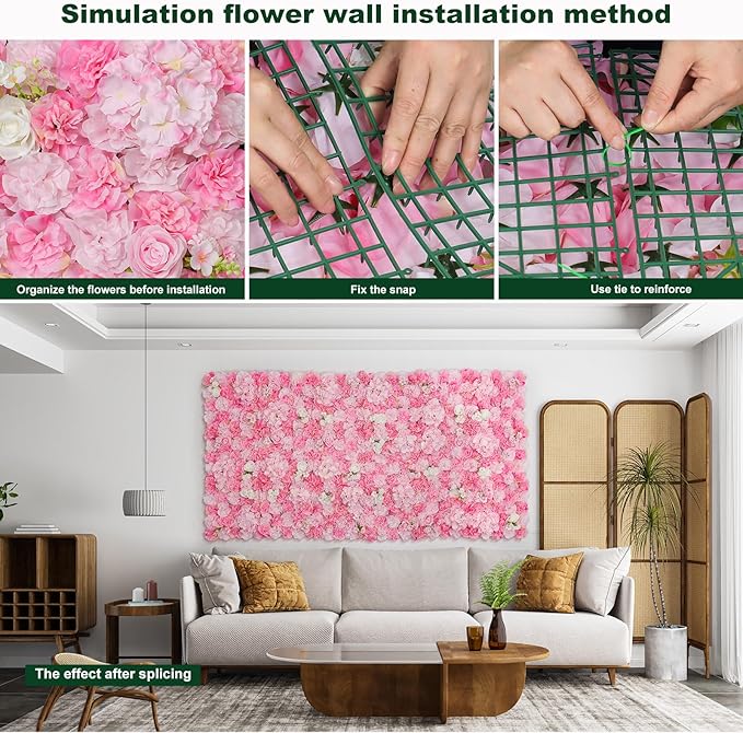 Artificial Flower Wall Backdrop 16pcs 16.5x16.5 Inch Silk Rose Floral Wall Panel Decor Ideal for Wedding Celebrations, Festive Party Birthday Backdrops and Elegant Home Decor-Light Gold Pink