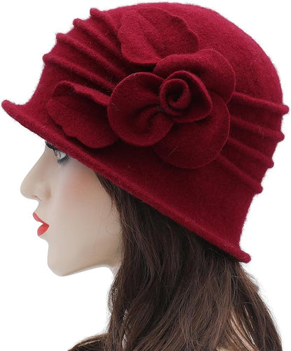 ZLYC Women Wool Cloche Bucket Hat 1920s Vintage Dress Winter Hats with Flower Accent