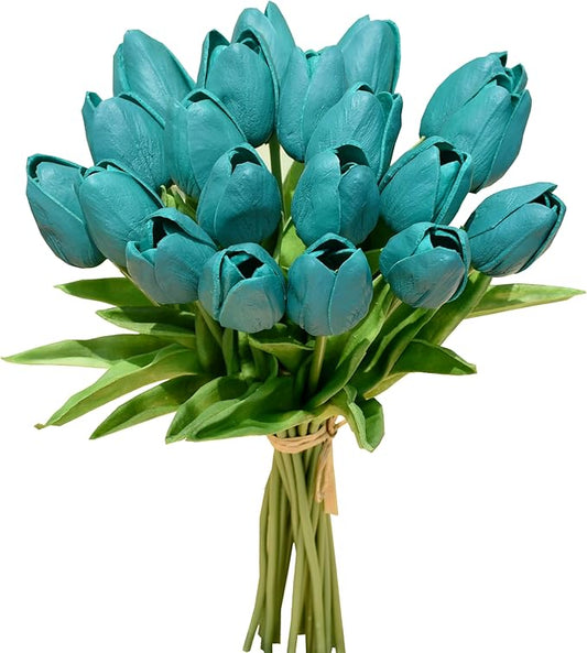 Mandy's Artificial Tulips 20 Stems Teal PU Faux Flowers for Thanksgiving and Christmas Decorations Wedding Home Decor 13.5 Inch