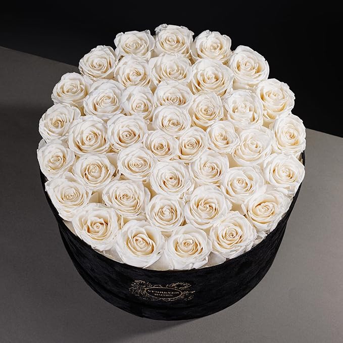 40 Pieces Preserved Roses in Suede Box, Flowers for Mothers Day, Preserved Flowers Gift for Women, White