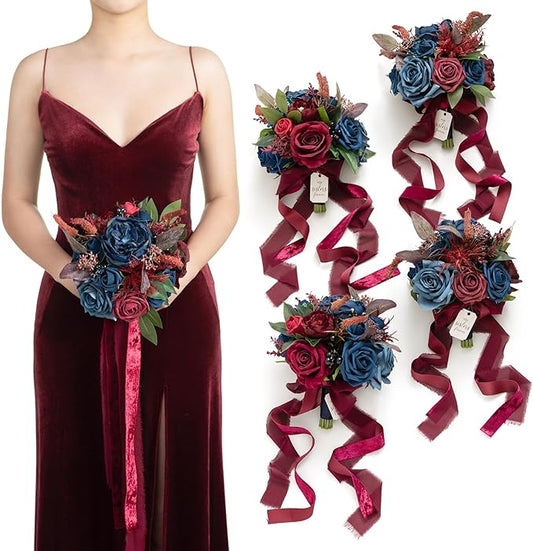 Ling's moment Terracotta Artificial Flowers Bridesmaid Bouquet Set of 4, Burgundy & Navy Blue Wedding Flowers Bouquets for Bridesmaids, 7 Inch Bridal Bouquets for Bridesmaids, Wedding, Ceremony