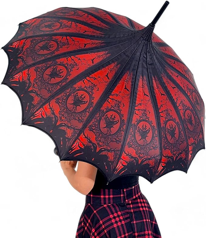 Pagoda Umbrella - Artisan Design with Bat Wing Scalloped Edges, Full Size Waterproof Windproof UV Protection Gothic Parasol with Carry Case