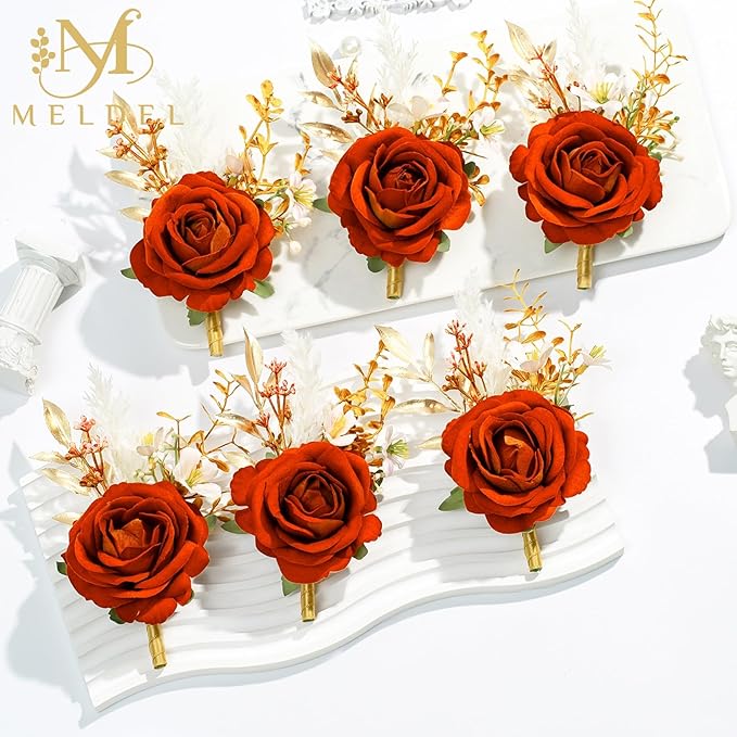 Meldel Burnt Orange Velvet Rose Boutonniere for Men,Set of 6,Groom and Best Man Boutonnieres with Artificial Flower,for Wedding Ceremony Anniversary, Dinner Party, Fall Vintage Rustic Marriage Prom