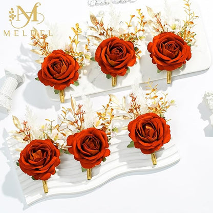 Meldel Burnt Orange Velvet Rose Boutonniere for Men,Set of 6,Groom and Best Man Boutonnieres with Artificial Flower,for Wedding Ceremony Anniversary, Dinner Party, Fall Vintage Rustic Marriage Prom