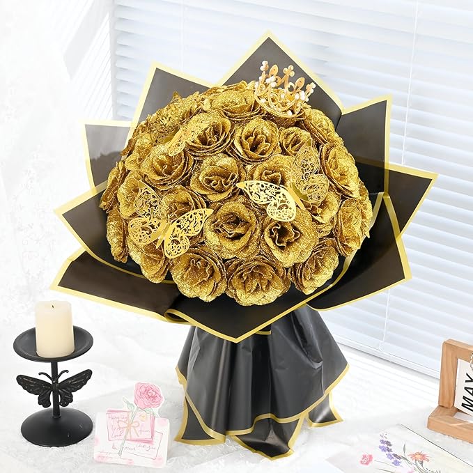 Waipfaru Glitter Roses Bouquet, DIY Fake Flowers Bouquet, Birthday Gifts for Women Mom, 24 Pcs Gold Rose for Grandma Wife Girlfriend Valentines, Mothers Day, Anniversary, Graduation