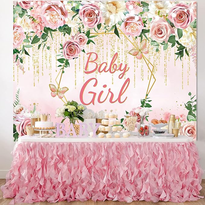 Pink Floral Baby Girl Baby Shower Backdrop Banner Party Decorations,Blush Rose Flower Its Girl Backdrops Banner Photography Background for Princess Baby Shower Party Photo Booth Supplies 7x5ft
