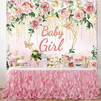 Pink Floral Baby Girl Baby Shower Backdrop Banner Party Decorations,Blush Rose Flower Its Girl Backdrops Banner Photography Background for Princess Baby Shower Party Photo Booth Supplies 7x5ft