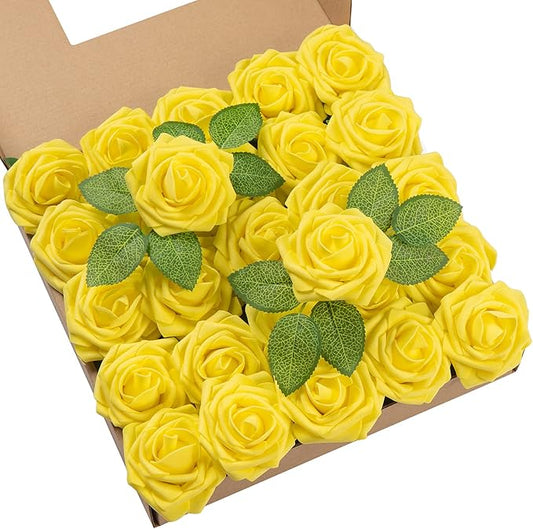 DuHouse 25Pcs Artificial Roses Flowers Fake Roses with Stems Real Touch Foam Flowers for DIY Wedding Bouquet Baby Shower Centerpiece Floral Arrangement Party Home Decor(Yellow)