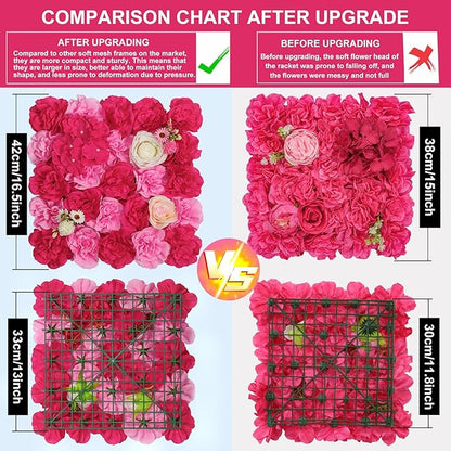 Artificial Flower Wall Backdrop 16pcs 16.5x16.5 Inch Silk Rose Floral Panels Ideal for Wedding Celebrations, Festive Party Backdrops, and Elegant Home Decor-Pink and Rose Red