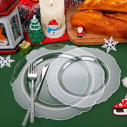 Liacere 150PCS Clear Silver Plastic Plates & Disposable Silver Plastic Silverware with Glitter Bamboo Handle Cutlery-Baroque Clear Disposable Plates for Wedding & Easter day & Mother's Day