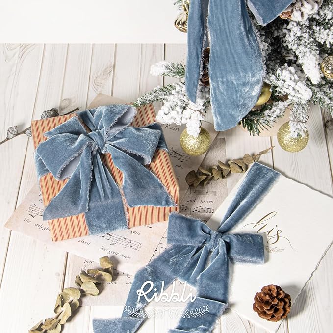 Ribbli Dusty Blue Velvet Ribbon 2 Inch Handmade Frayed Vintage Christmas Ribbon for Gift Wrapping Christmas Tree Ornament Wreath Craft Home Decor -3 Yards