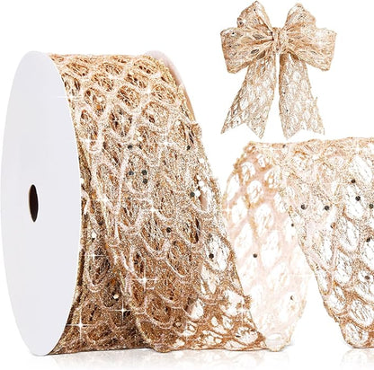 Geosar 20 Yards Champagne Gold Glitter Mesh Wired Ribbon for Christmas Tree Decorations, Gift Wrapping, DIY Craft, Xmas Wreaths, Cabinet Decor (2.5 Inch)
