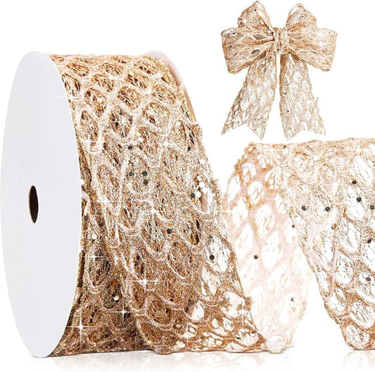 Geosar 20 Yards Champagne Gold Glitter Mesh Wired Ribbon for Christmas Tree Decorations, Gift Wrapping, DIY Craft, Xmas Wreaths, Cabinet Decor (2.5 Inch)