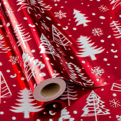 MAYPLUSS Christmas Red Wrapping Paper Roll - 17 Inch X 33 Feet - Luxury Metallic Shiny Red Christmas Tree and Snow Foil Roll Winter Holiday Gift Wrap Sheet for Party, DIY Crafts & Festive Decoration