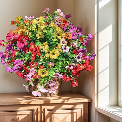 SHIAWASENA Realistic Outdoor Fake Plants Flowers, Artificial Flowers, UV Resistant, 12 Bundles Faux Silk Colorful Violet Flowers Bouquet with Eucalyptus