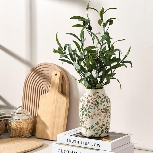 SIDUCAL Ceramic Green and Beige Antique Vase, 7 Inch Retro Ice Cracked Chinoiserie Floral Vase, Rustic Farmhouse Vases for Home Decor, Bookshelf, Office, Garden, Chinoiserie Decor, Tuscan Decor