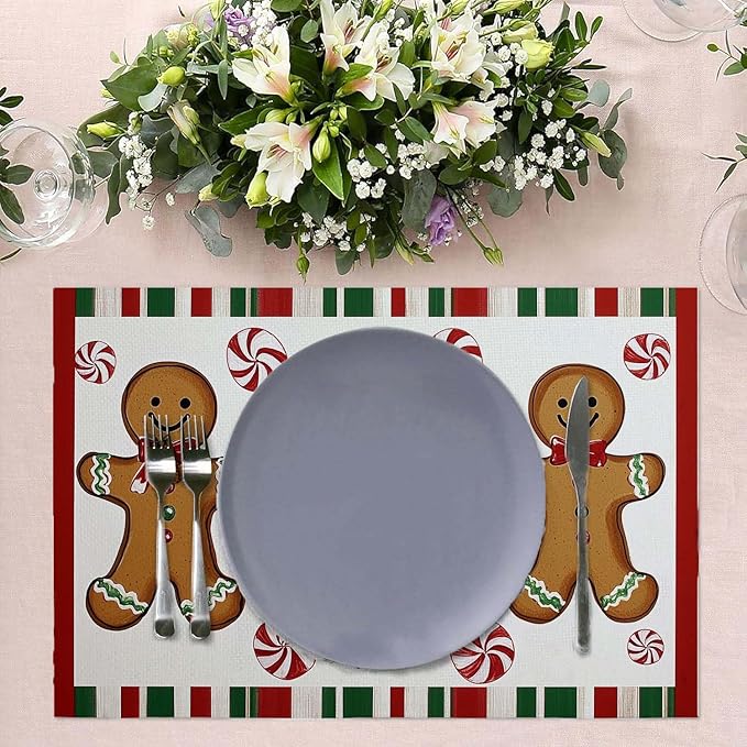 Christmas Placemats Set of 4 Christmas Candy Place Mats Washable Table Dinner Mats Linen Table Mats for Kitchen Dining Party Home Kitchen Decor 12x18 Inch