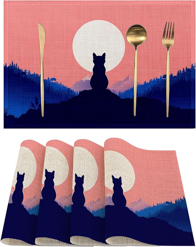 Placemats-Calm Cat On Hilltop Linen Table Place Mats Set of 4 Non-Slip Heat Resistant Table Mats for Dining Kitchen Cabin Decor 12x18 Inch