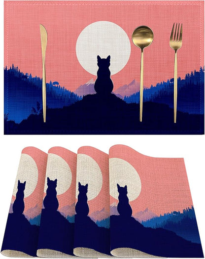 Placemats-Calm Cat On Hilltop Linen Table Place Mats Set of 4 Non-Slip Heat Resistant Table Mats for Dining Kitchen Cabin Decor 12x18 Inch