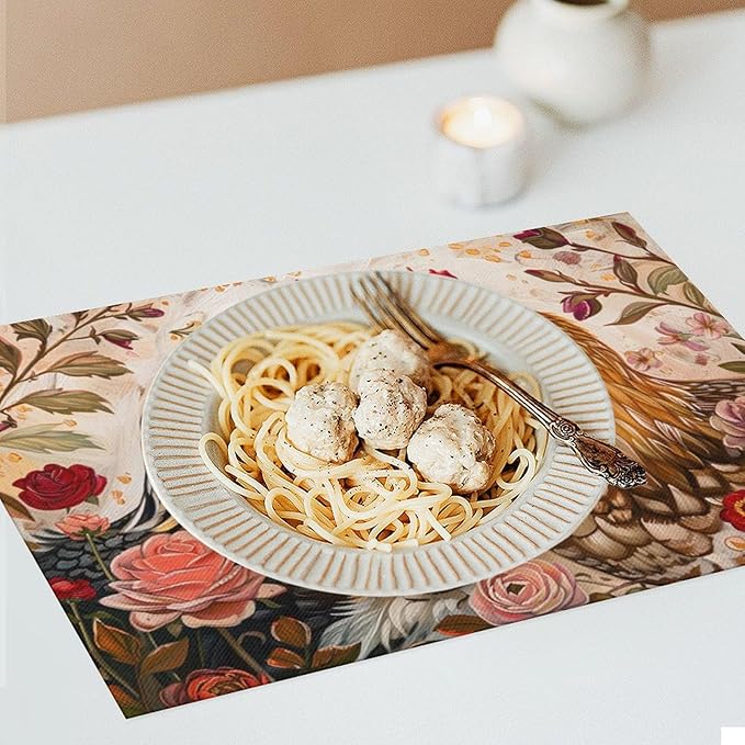 Rooster Placemats Set of 4 Farmhouse Chicken Plants Flower Placemats Farm Cock Chicken Country Hen Washable Place Mats for Party Kitchen Dining Decoration 4 PCS