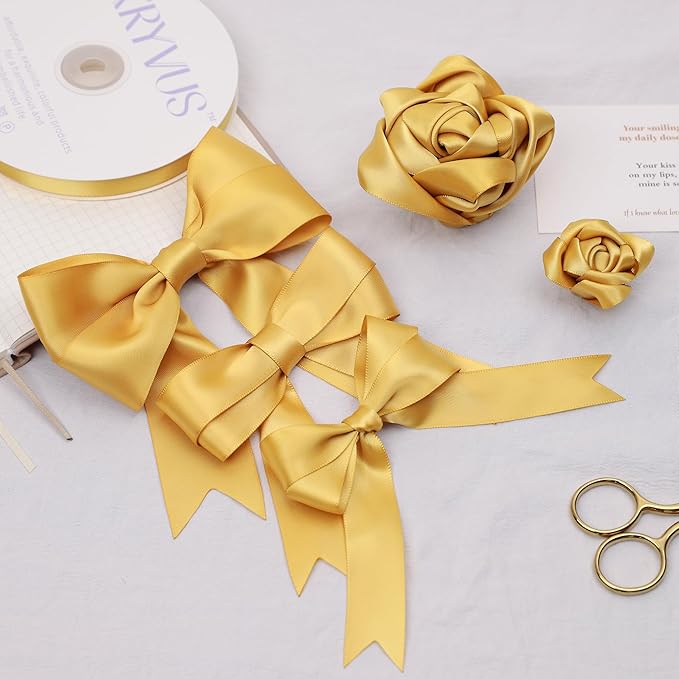 Light Gold Satin Ribbon, Double Faced 2 Inch X 25 Yards Light Gold Ribbon, Premium Satin Ribbon for Gift Wrapping, Crafts, Hair Bow Making, Sewing, Flower Bouquet, Wedding Party Decor