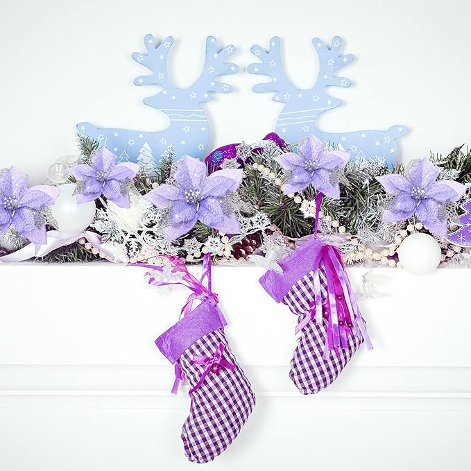 Boao 24 Pieces Christmas Artificial Glitter Poinsettia Flowers Xmas Flowers Wedding Christmas Tree New Year Ornaments(Purple)