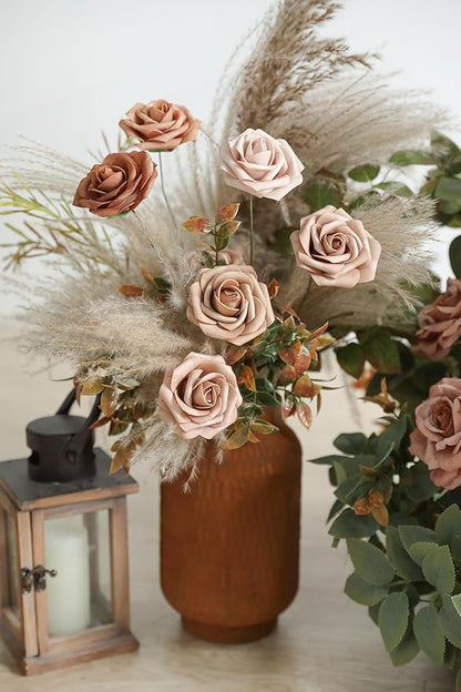 Artificial Flowers Real Looking Dusty Rose Colors Foam Fake Roses with Stems 25pcs for DIY Wedding Bridal Shower Centerpieces Tables Decorations Party