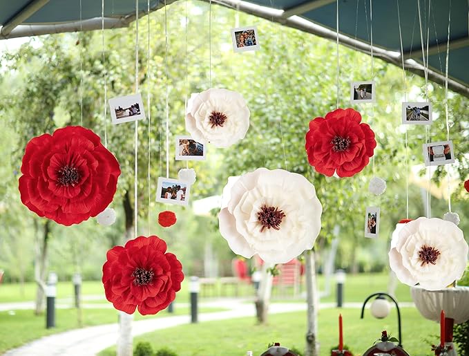 Paper Flower Decorations for Wall, Flower Wall Decor for Birthday Wedding Backdrop Baby Nursery Wall Decor Baby Showers Bridal Shower (Red+White, 6Pcs)