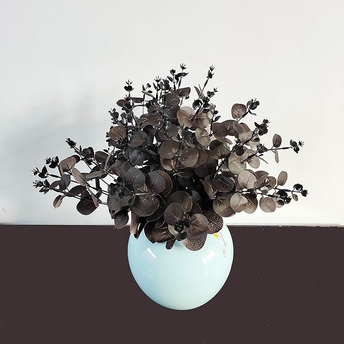 19" Faux Flowers Artificial Silk Silver Dollar Eucalyptus Stems Fake Plant for Vase Home Wedding Decor 3 Pcs (Black)