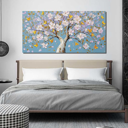 Purple Blossom Tree with Butterflies Canvas Wall Art with Gold Accents, Blue Background Abstract Picture for Living Room Bedroom Wall Decor Printed Painting Artwork Decoration Large Size 58x29 Inches