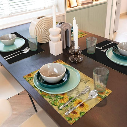 Sunflower Placemats, Rural Vintage Old Watercolour Sunflower Butterfly Flower Bee Print Washable Fabric Placemats Table Kitchen Dining Party 12x18 Inch Set of 4